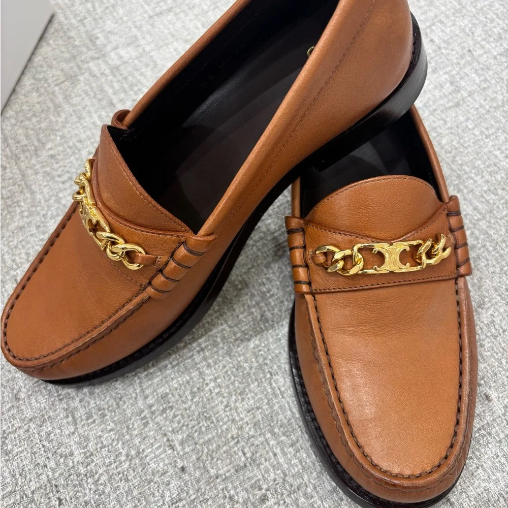 CELINE - Leather Loafers with Gold Chain. AVAIL